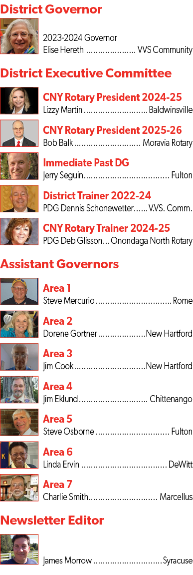 District Governor ￼2023 2024 Governor Elise Hereth VVS Community District Executive Committee ￼CNY Rotary President 2...