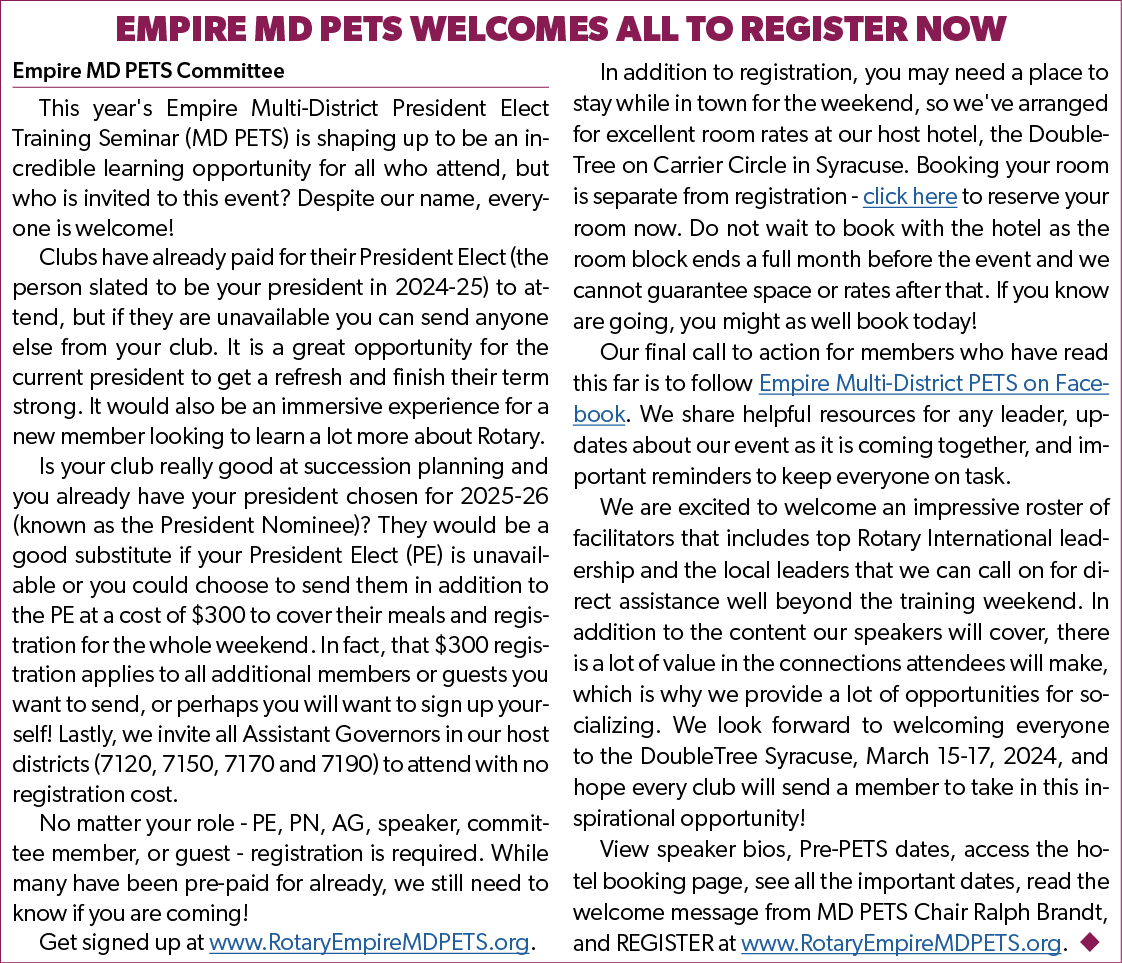 Empire MD PETS Welcomes ALL to Register Now Empire MD PETS Committee This year's Empire Multi District President Elec...
