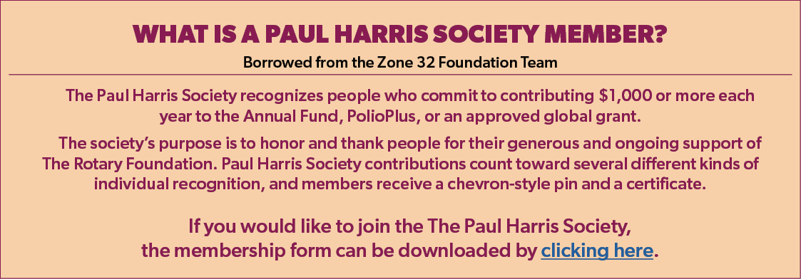 WHAT IS A PAUL HARRIS SOCIETY MEMBER? Borrowed from the Zone 32 Foundation Team The Paul Harris Society recognizes pe...