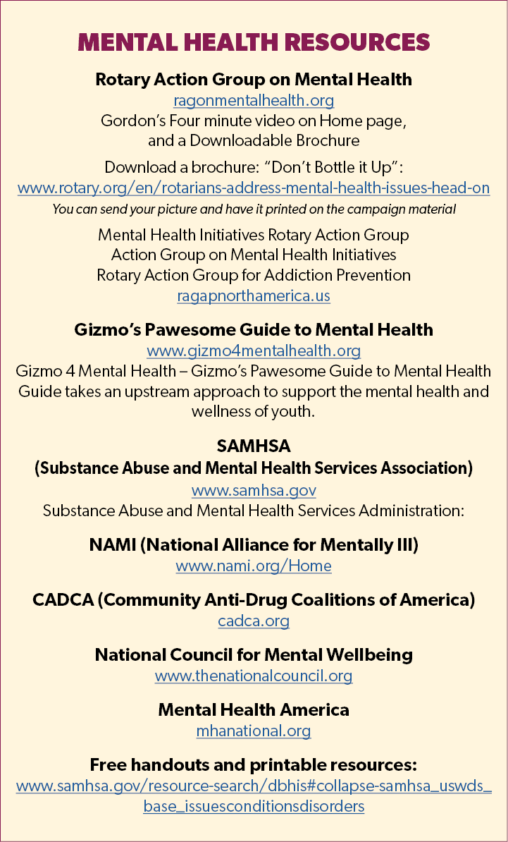 Mental Health Resources Rotary Action Group on Mental Health ragonmentalhealth.org Gordon’s Four minute video on Home...