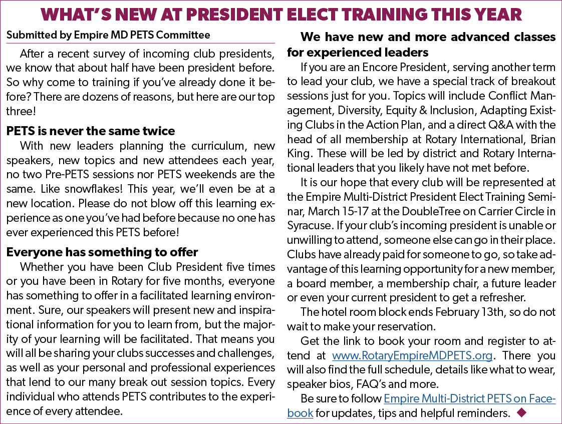 What’s New At President Elect Training This Year Submitted by Empire MD PETS Committee After a recent survey of incom...