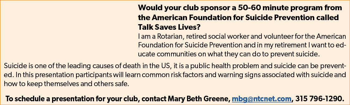 Would your club sponsor a 50 60 minute program from the American Foundation for Suicide Prevention called Talk Saves ...